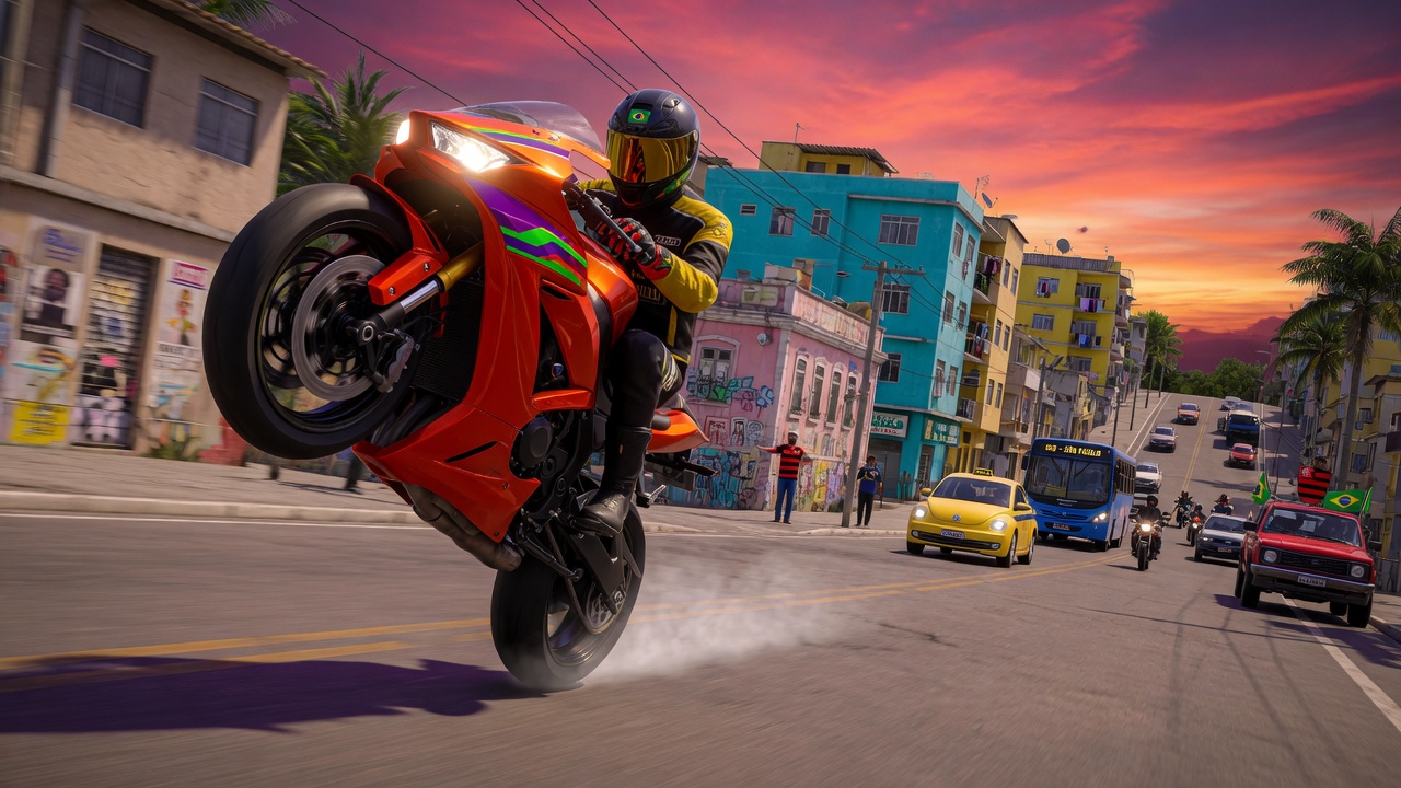 RODOGRAU 2.0 gameplay screenshot showing motorcycle in city